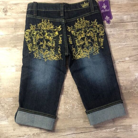 Old Skool Premium Jeans Wear Girls Gold Embroidered Jean Shorts Size 7 - Picture 1 of 10